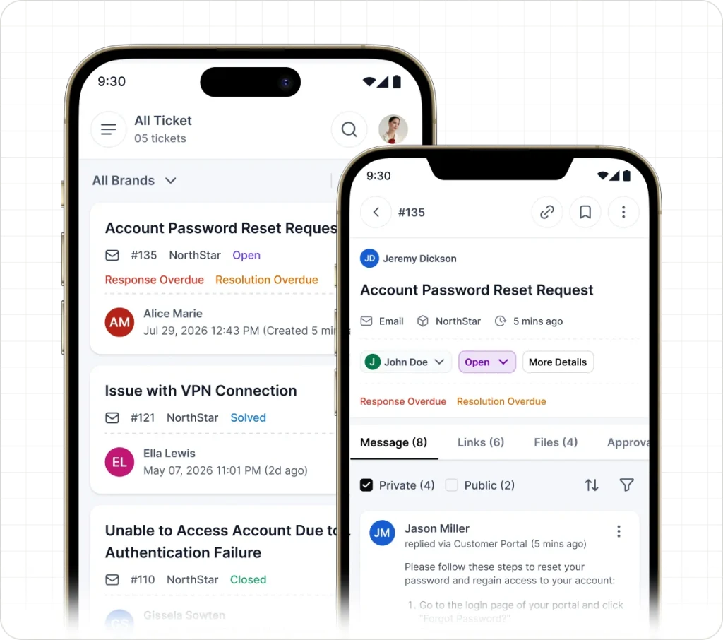Mobile ticket management app displaying support ticket list and detailed request view with status tracking tools