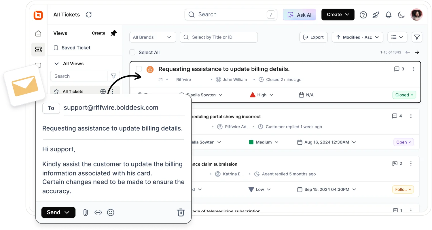 BoldDesk dashboard view with billing update ticket email and ticket views