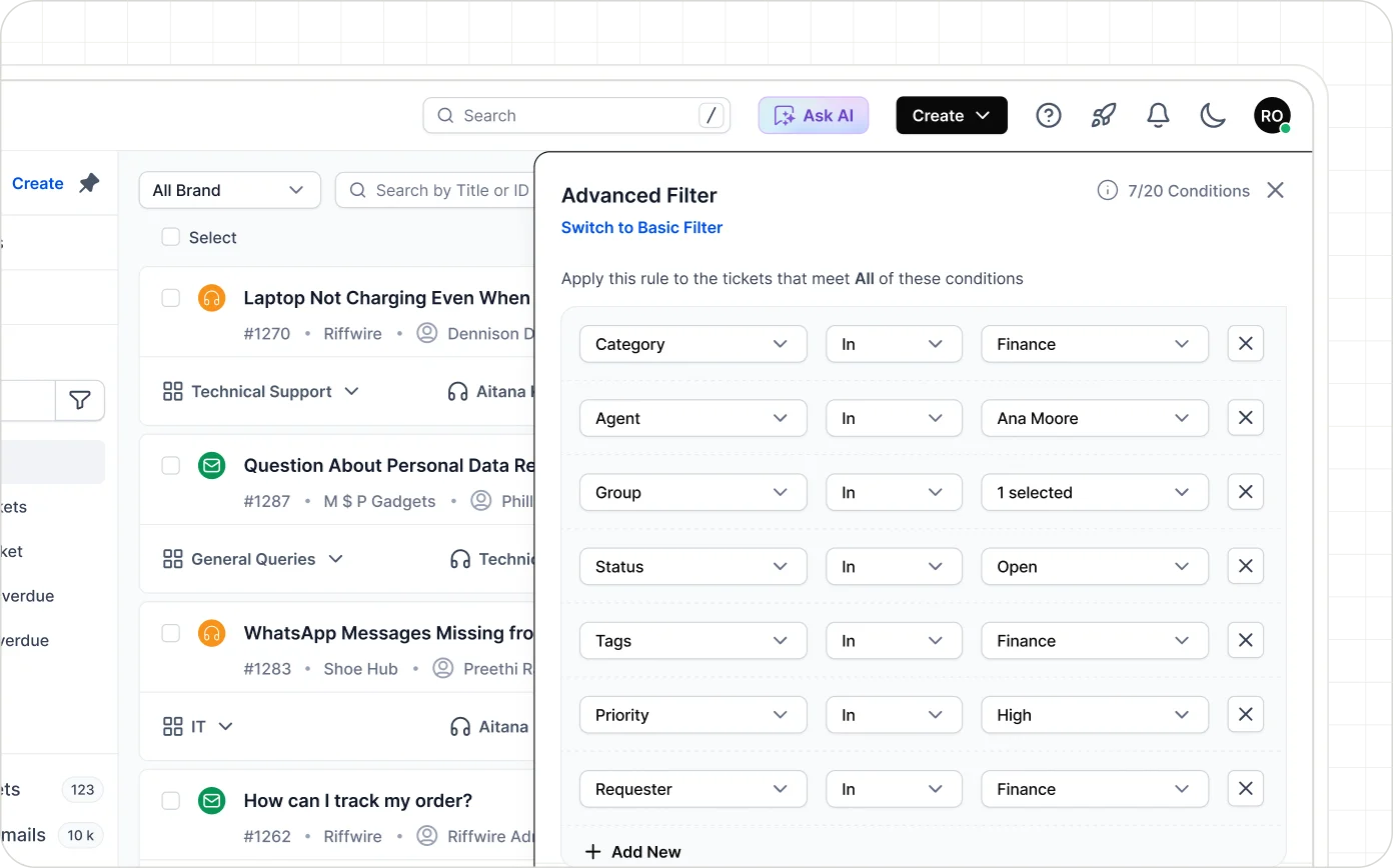 BoldDesk advanced filter for organizing tickets by category, agent, status, and priority