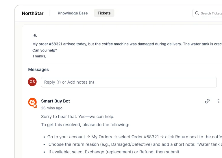Tickets management interface with AI support automating customer requests, responses, tracking, and resolutions.