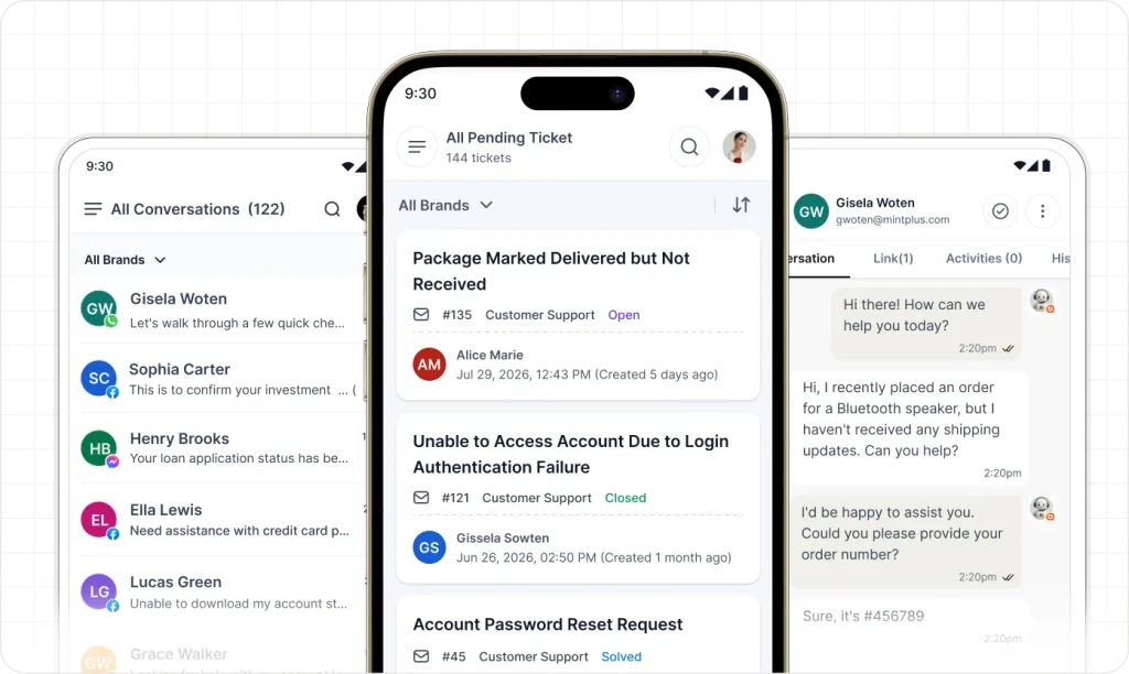 BoldDesk mobile shared inbox showing ticket lists, customer conversations, and chat replies across support channels.