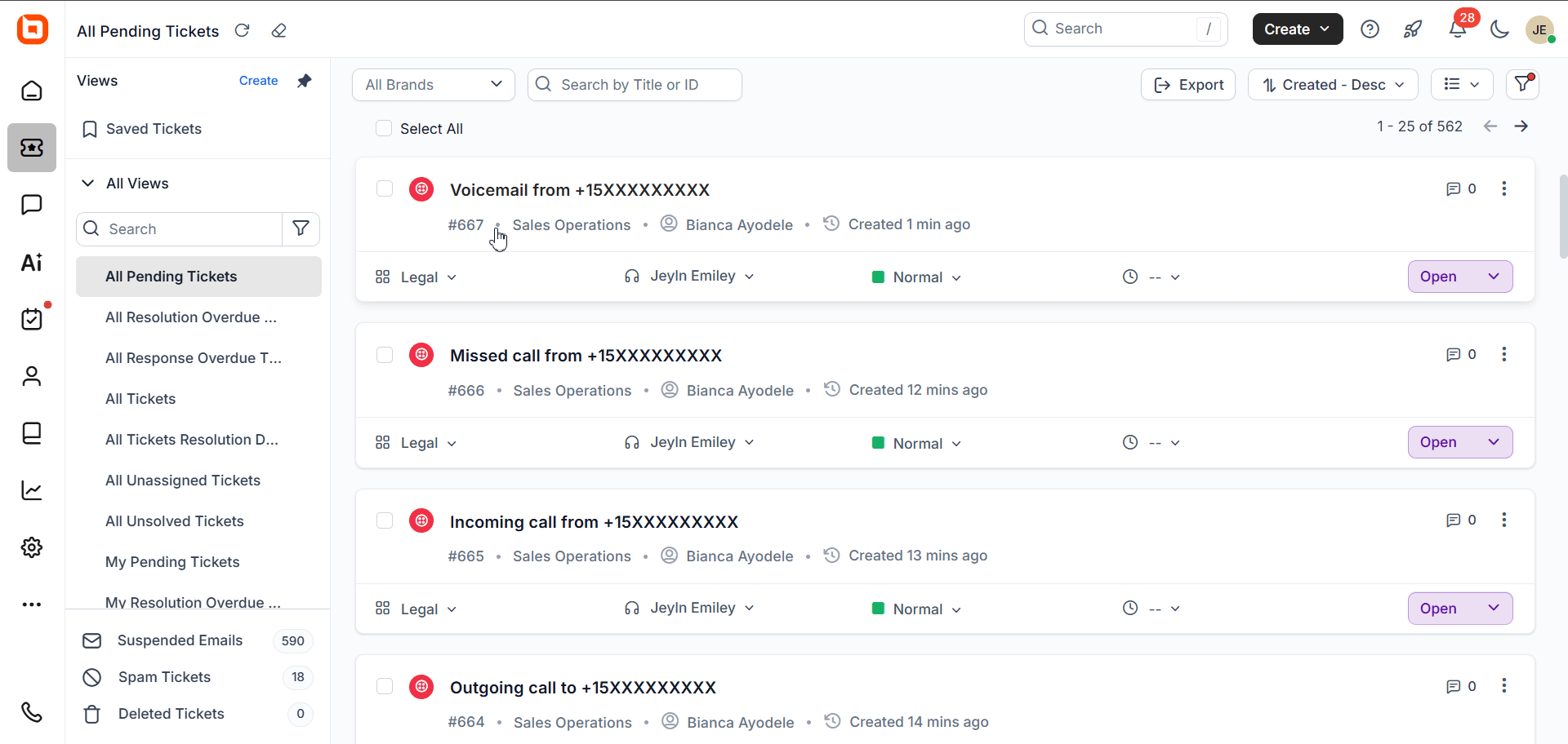 Help desk tickets created from Twilio voice calls, including voicemail and missed call entries in BoldDesk