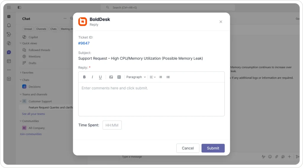 Microsoft Teams displaying BoldDesk reply dialog with ticket details, rich text editor, comments, and submit form.