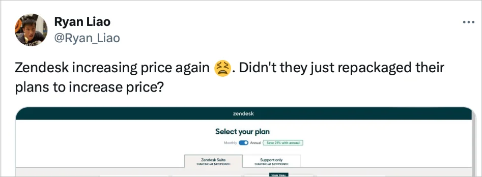 User post on X expressing concern about Zendesk price increases with a screenshot of Zendesk pricing plans