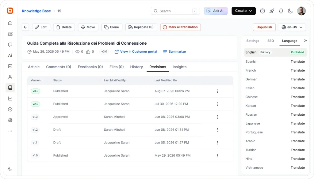 Knowledge base article revision history showing versions, statuses, dates, authors, and translation management panel.