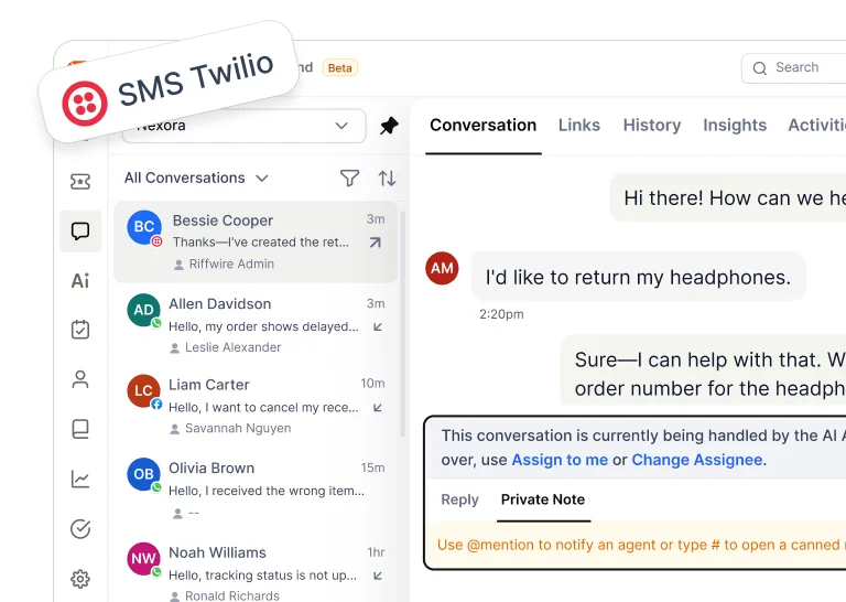 Voice & SMS support dashboard enables AI-driven customer communication, managing calls, messages, and requests.