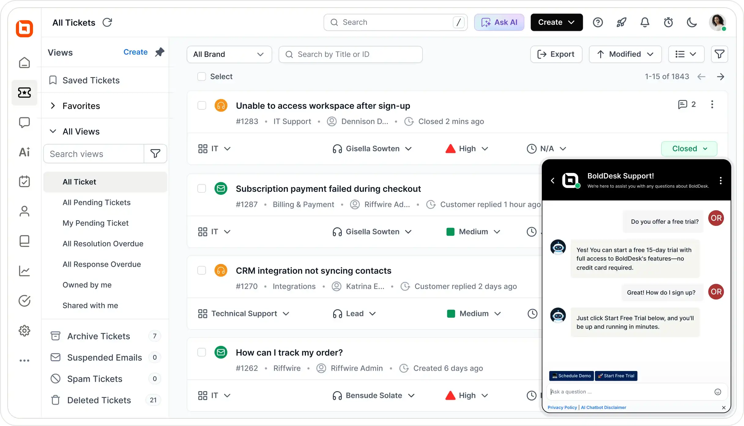 BoldDesk help desk software displaying support tickets alongside an AI-powered customer service chatbot
