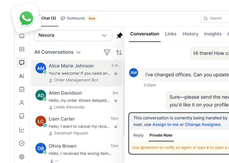 Whatsapp customer support interface powered by AI automates conversations, resolves queries, and improves service.