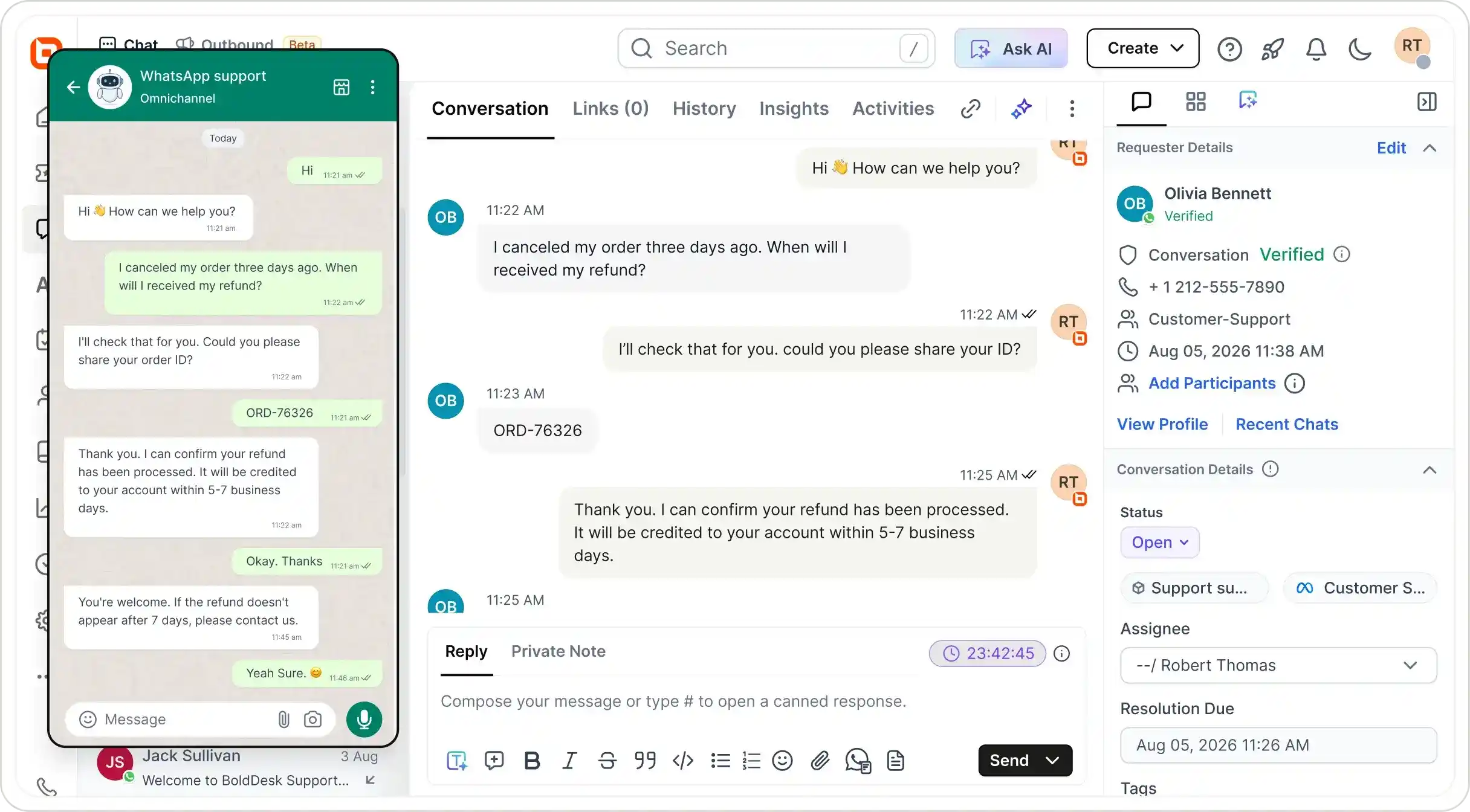 BoldDesk WhatsApp support dashboard with synchronized customer conversations and ticket details