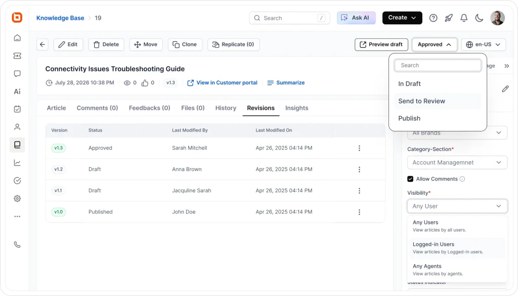 Knowledge base software workflow showing article review, approval process, version history, and content publishing stages
