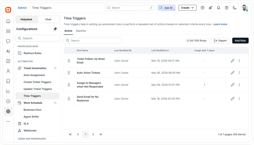 BoldDesk complaint management software showing time triggers to automate complaint follow-ups and email alerts.
