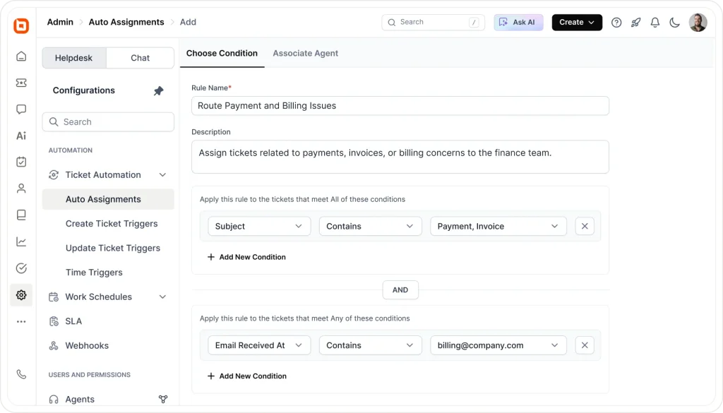 Admin auto-assignment rule routing payment and billing tickets to finance based on subject and email conditions.