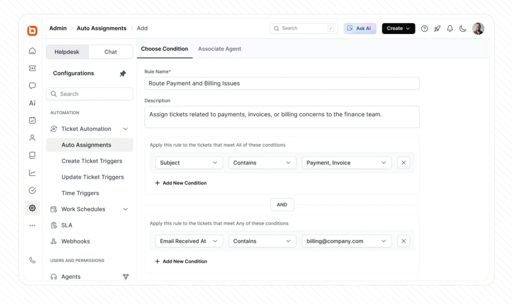 Workflow automation dashboard showing auto assignment rules conditions and routing for efficient support operations