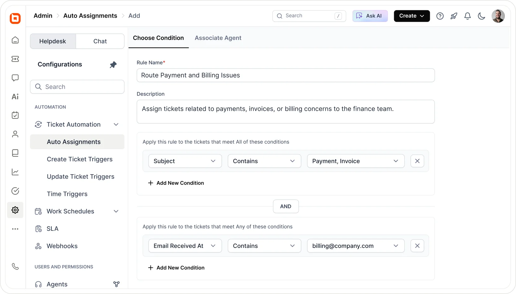 Helpdesk automation interface setting up conditions to route billing and payment tickets based on keywords and email ID.