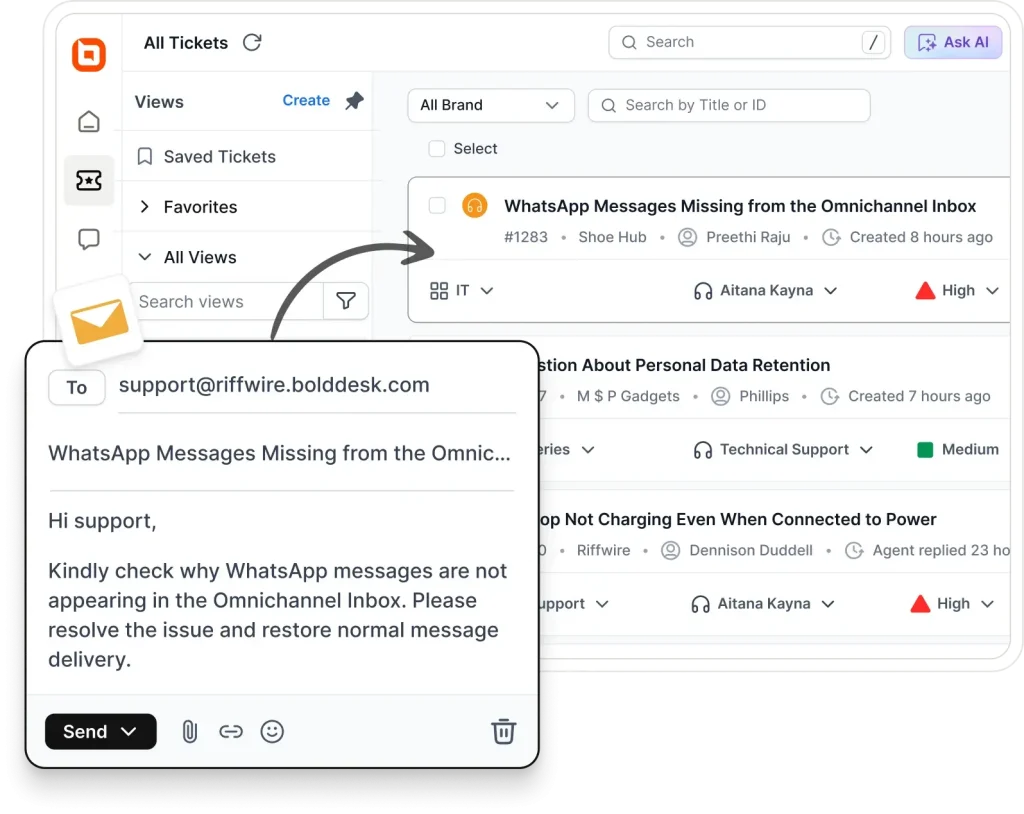 BoldDesk email ticketing workspace showing customer emails managed as tickets