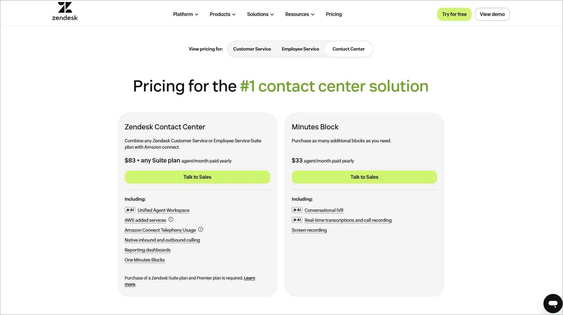Zendesk Contact Center pricing page comparing Contact Center and Minutes Block plans with pricing and features