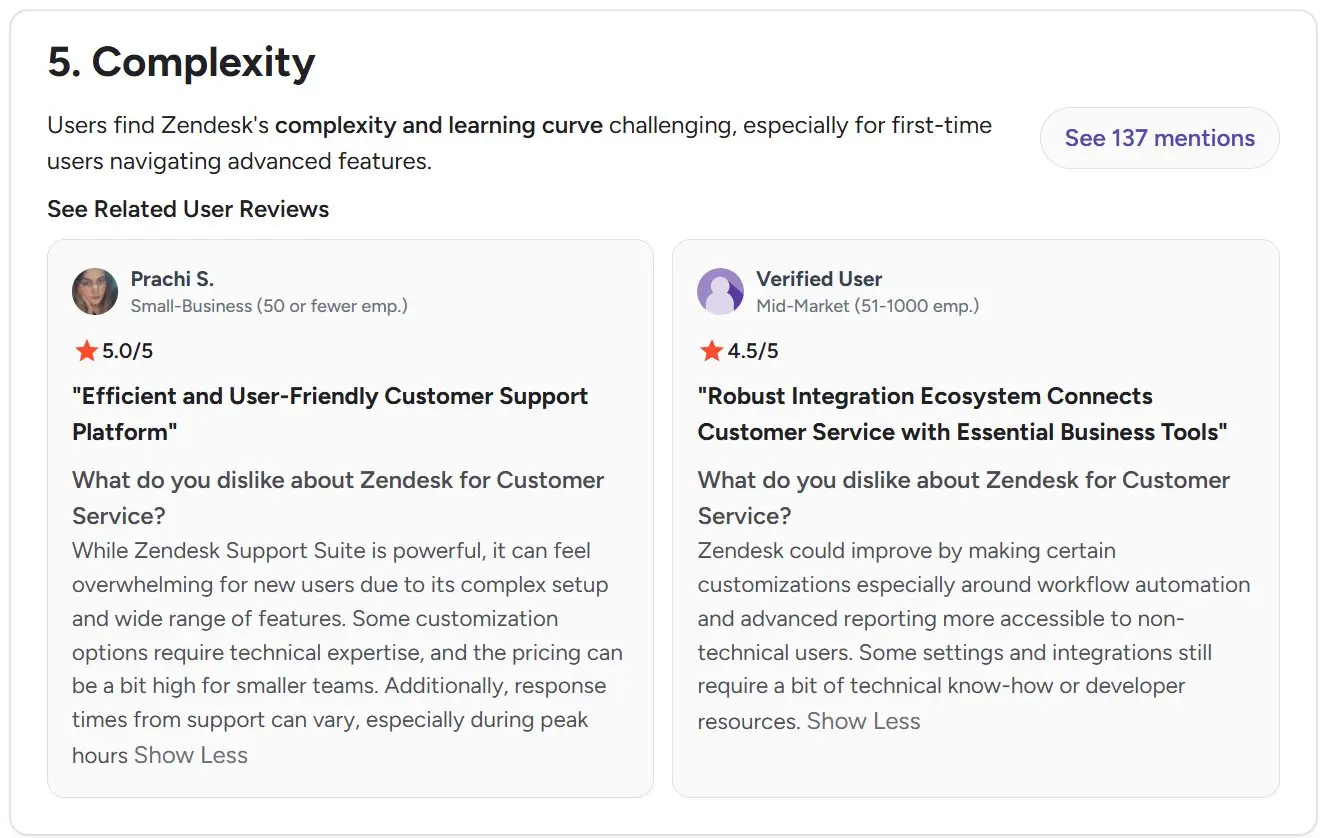 G2 user reviews describing Zendesk complexity, onboarding challenges, and workflow automation limitations