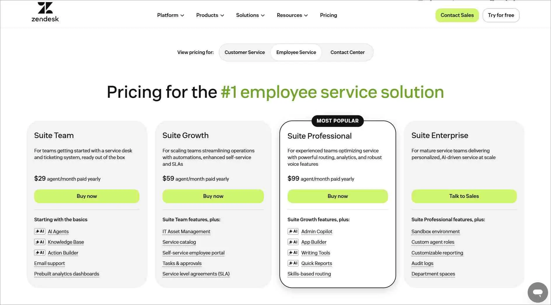 Zendesk Employee Service pricing plans with Suite Team, Suite Growth, Suite Professional, and Suite Enterprise tiers.