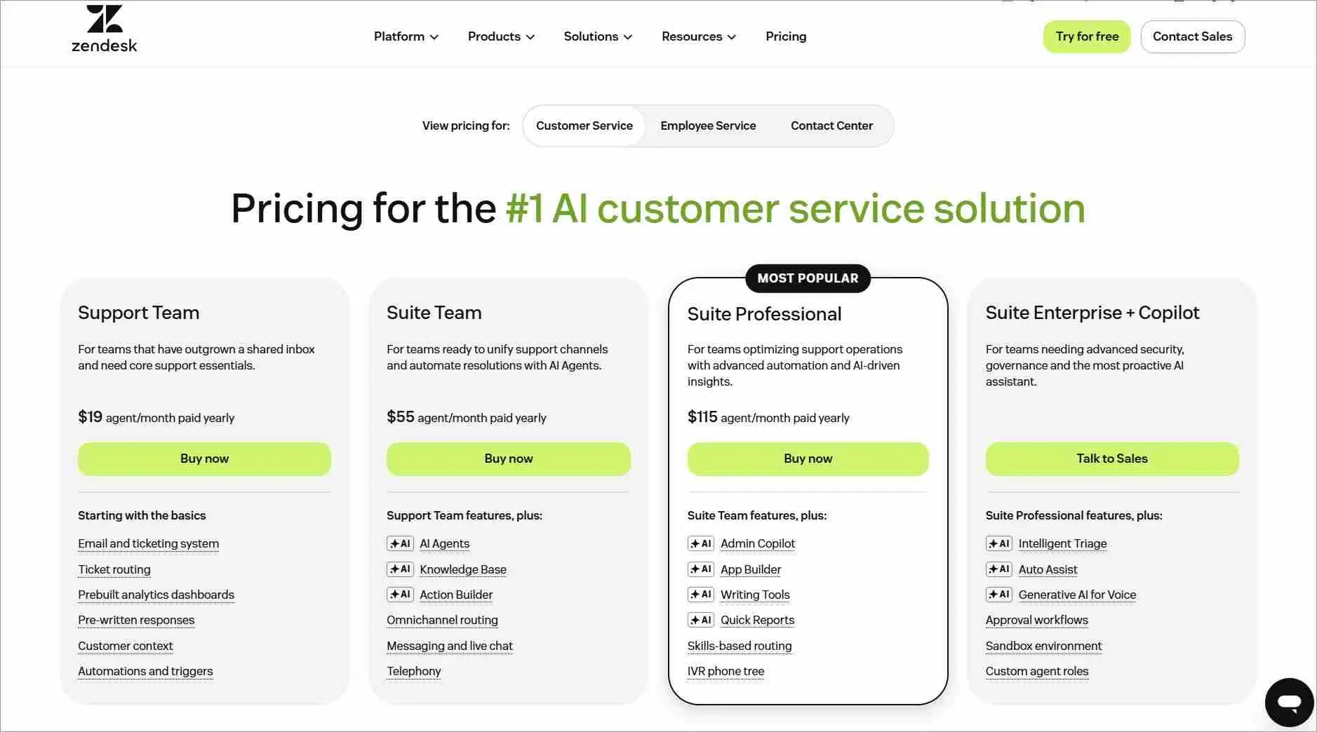 Zendesk for Service pricing tiers comparing Support Team, Suite Team, Suite Professional, and Enterprise + Copilot