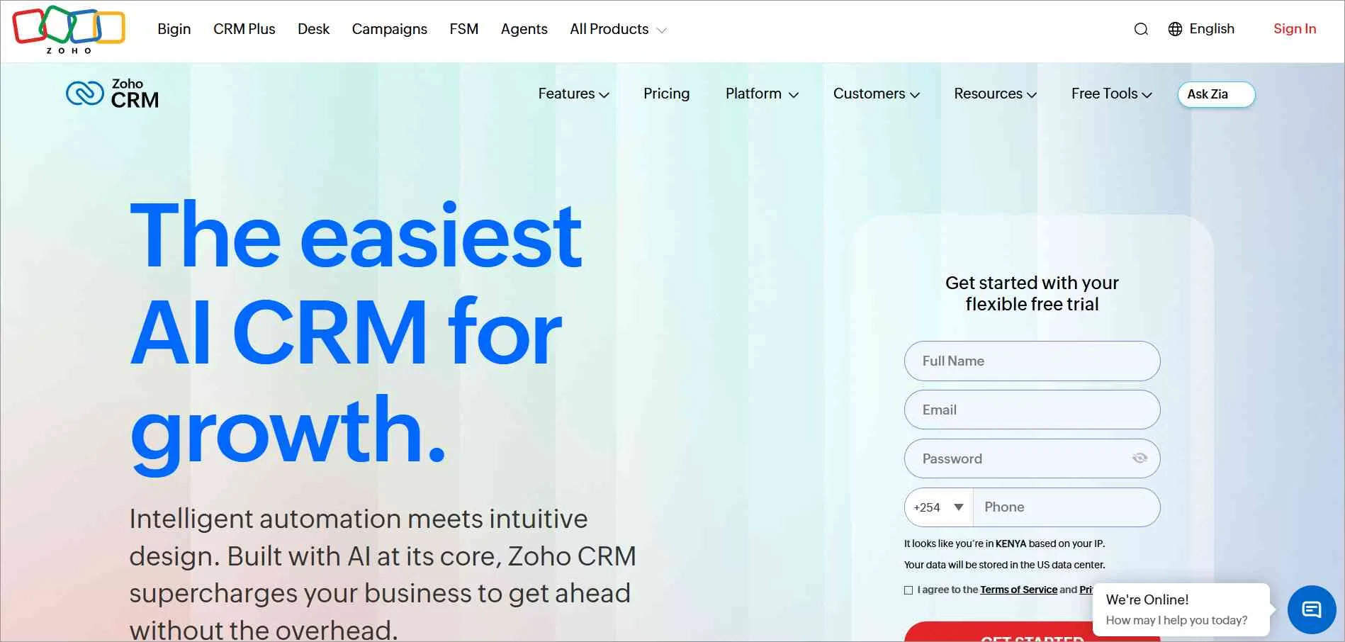 Zoho CRM homepage highlighting AI-powered CRM features and a free trial sign-up form for business growth