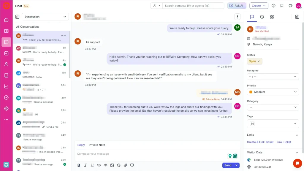 Customer support chat dashboard displaying live conversations, agent replies, contact details, and ticket management.