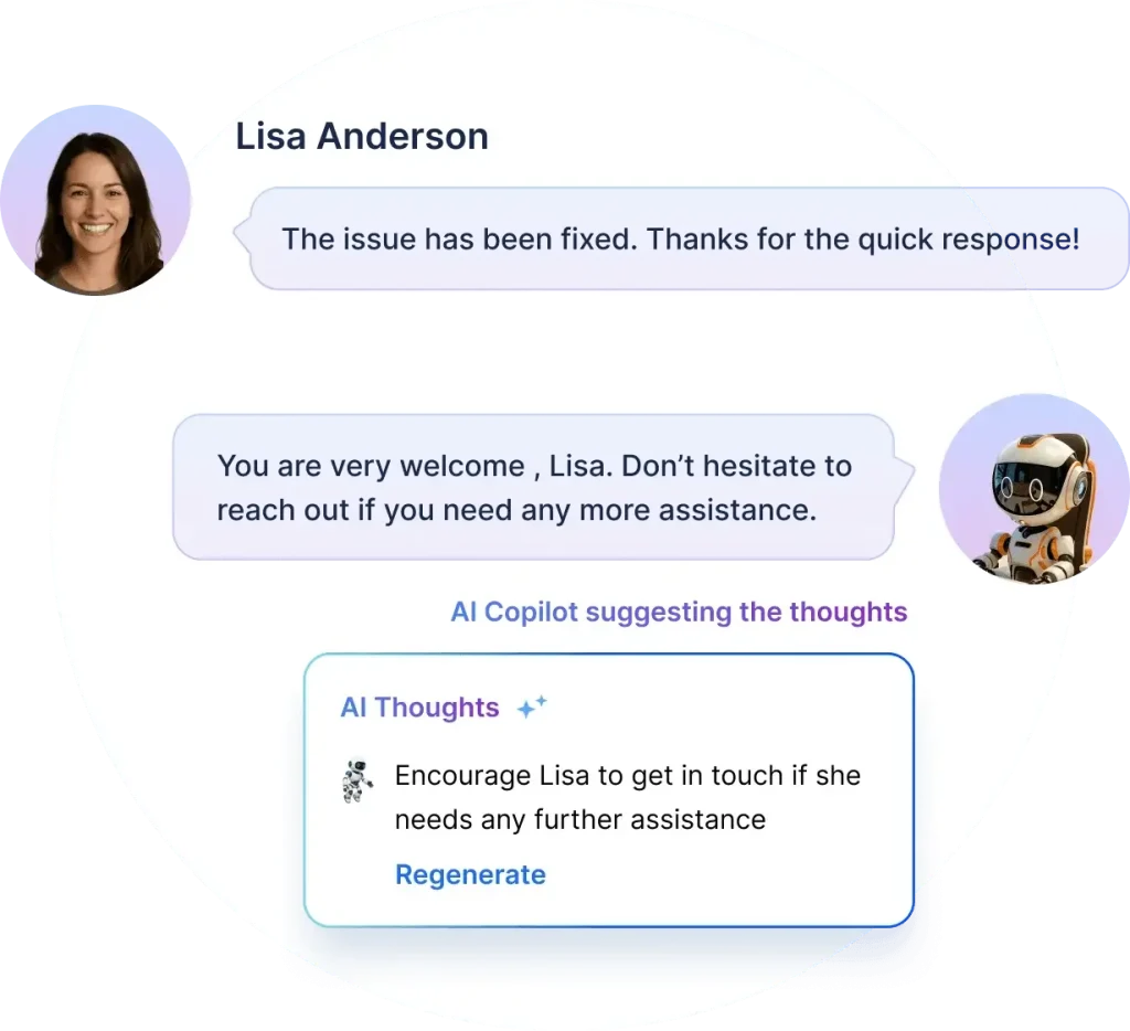 Chat between user Lisa Anderson and AI Copilot, thanking for issue fix and offering further help