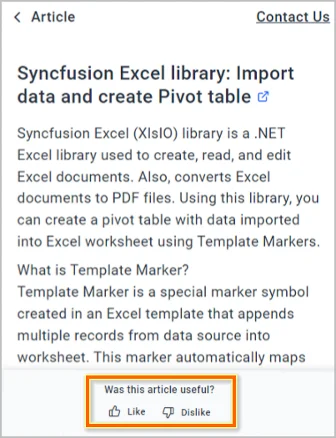 Article on Syncfusion Excel library features like data import and Pivot tables, with like and dislike options at the bottom