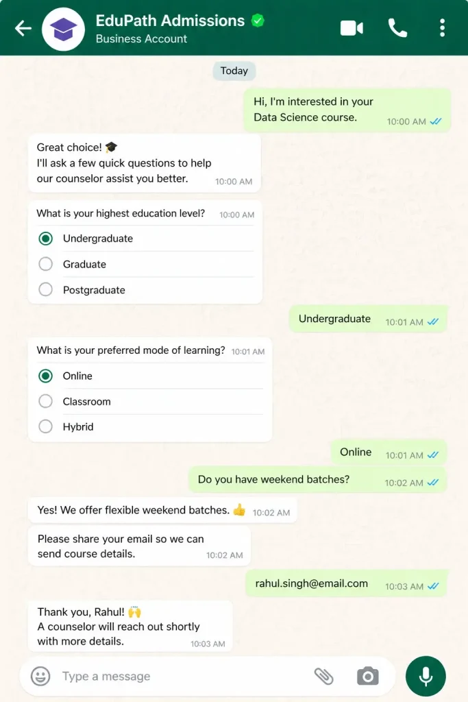 WhatsApp automation for customer support capturing and qualifying leads through automated chat workflows