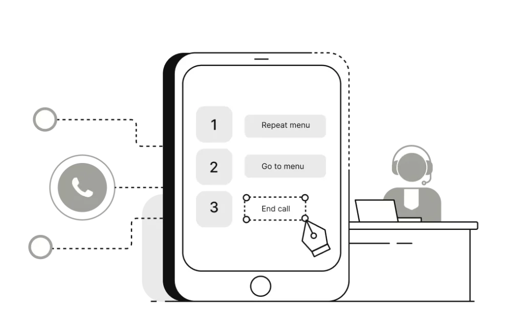 Call Routing interface on mobile device with IVR menu options, call flow controls, and support agent workspace online.