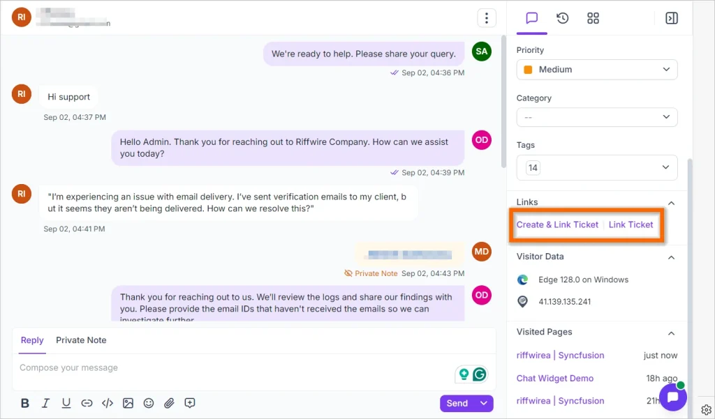 Live chat support interface showing customer conversation, ticket linking options, visitor data, and agent replies.