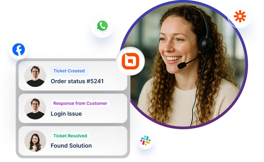 Smiling support agent with headset next to a BoldDesk ticket dashboard and floating Facebook, WhatsApp, and Slack icons.