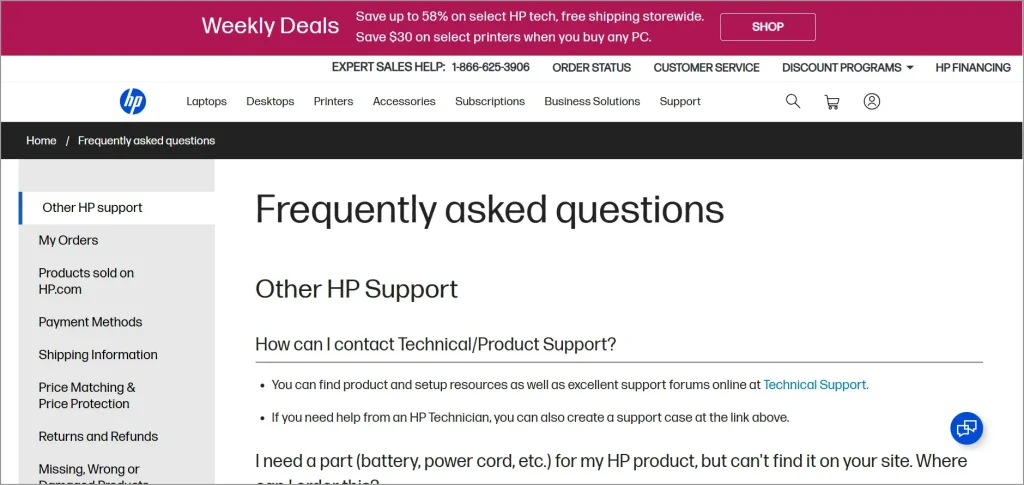 HP FAQ page example showing technical support frequently asked questions for HP products and services
