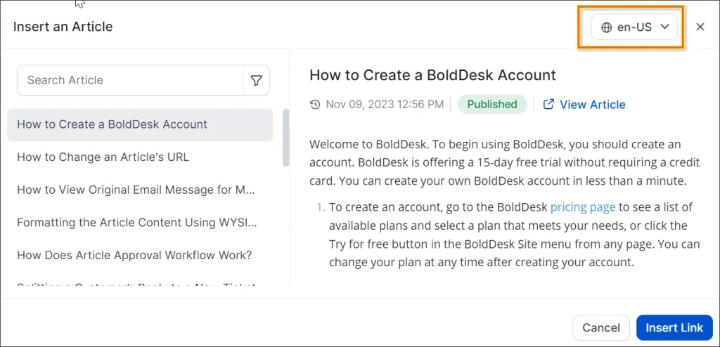 Knowledge base article selection window with language switcher, article search, preview pane, and insert link option.