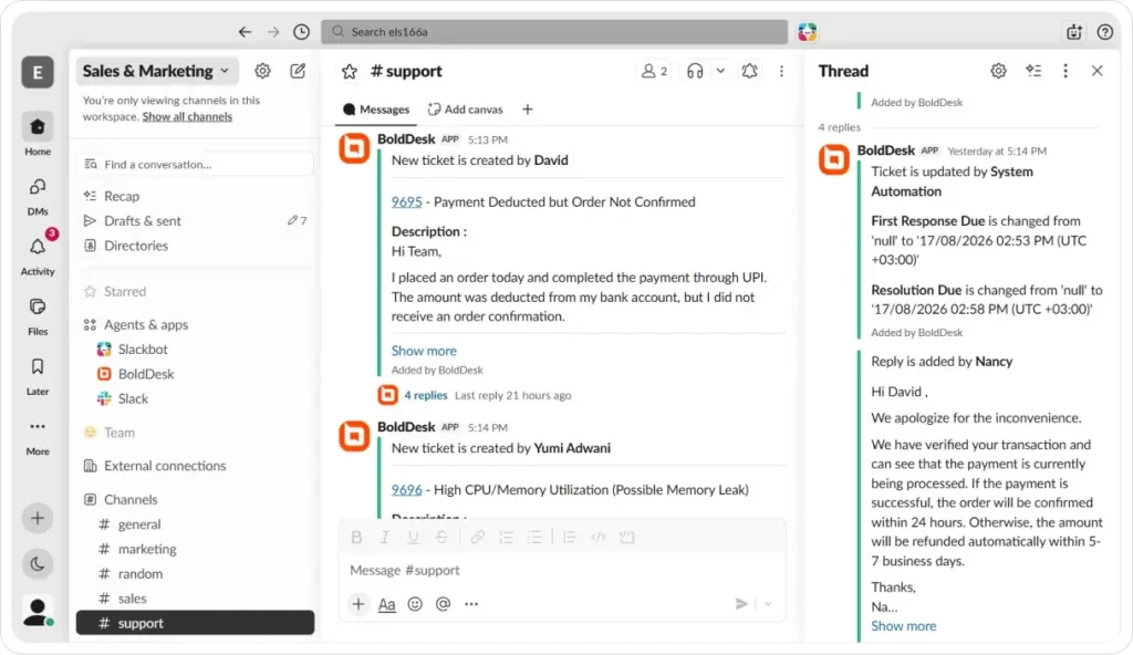 Slack support channel showing BoldDesk ticket updates, threaded replies, status changes, and team collaboration.