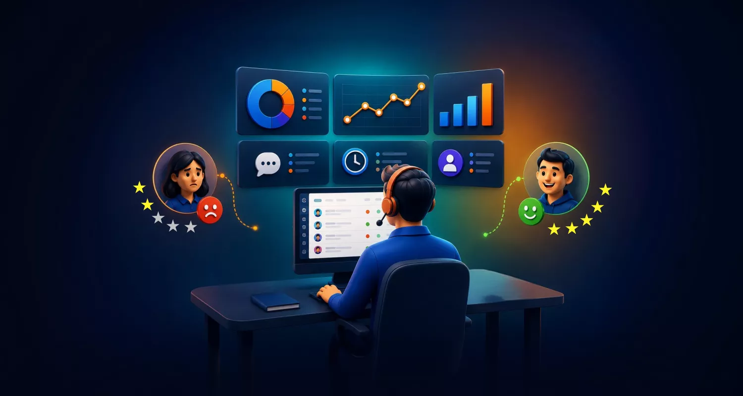 Customer support agent reviewing support metrics, customer feedback, SLA performance, and reporting dashboards to improve customer experience and service quality.