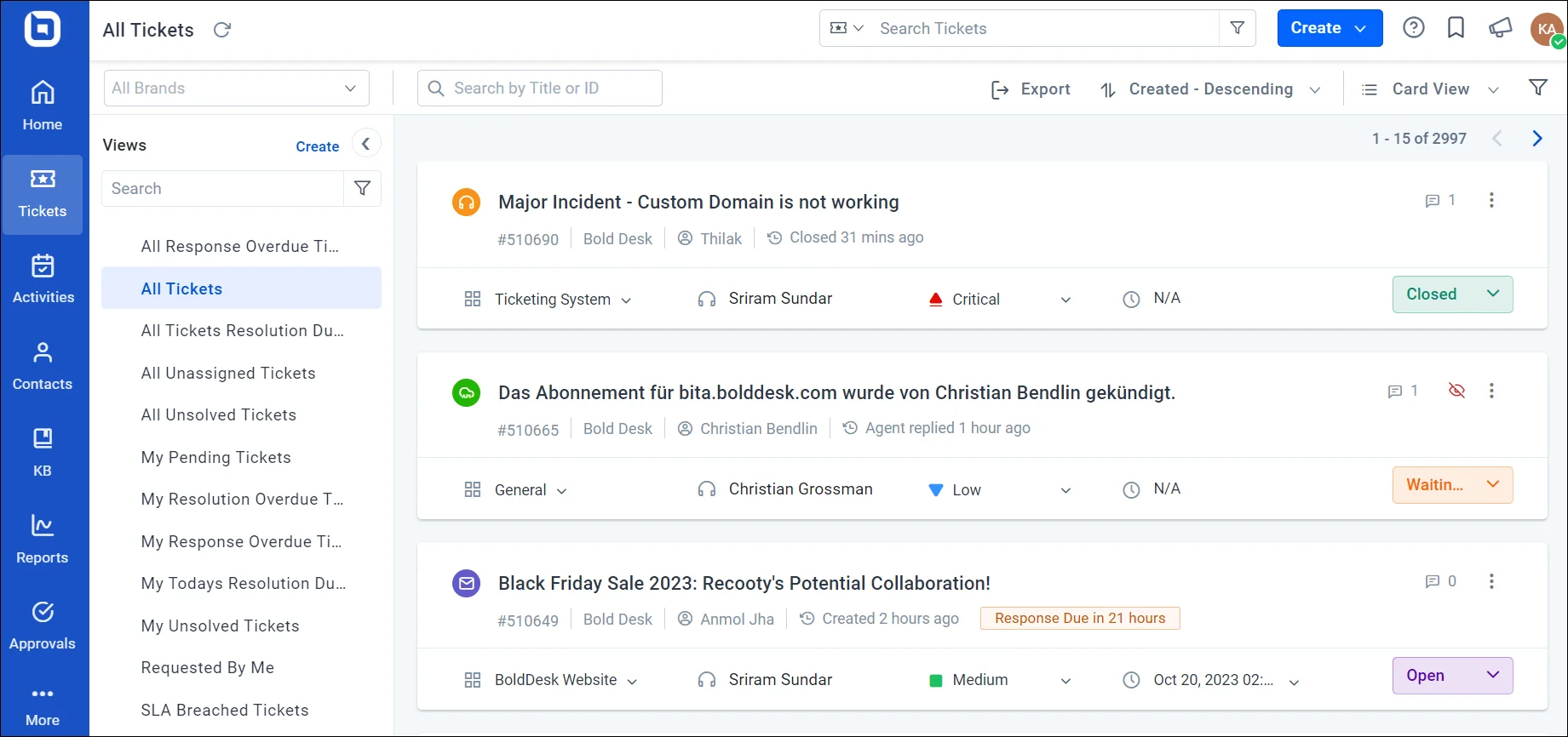 Dashboard listing customer service tickets with status tags like Open and Closed, color-coded by priority levels.