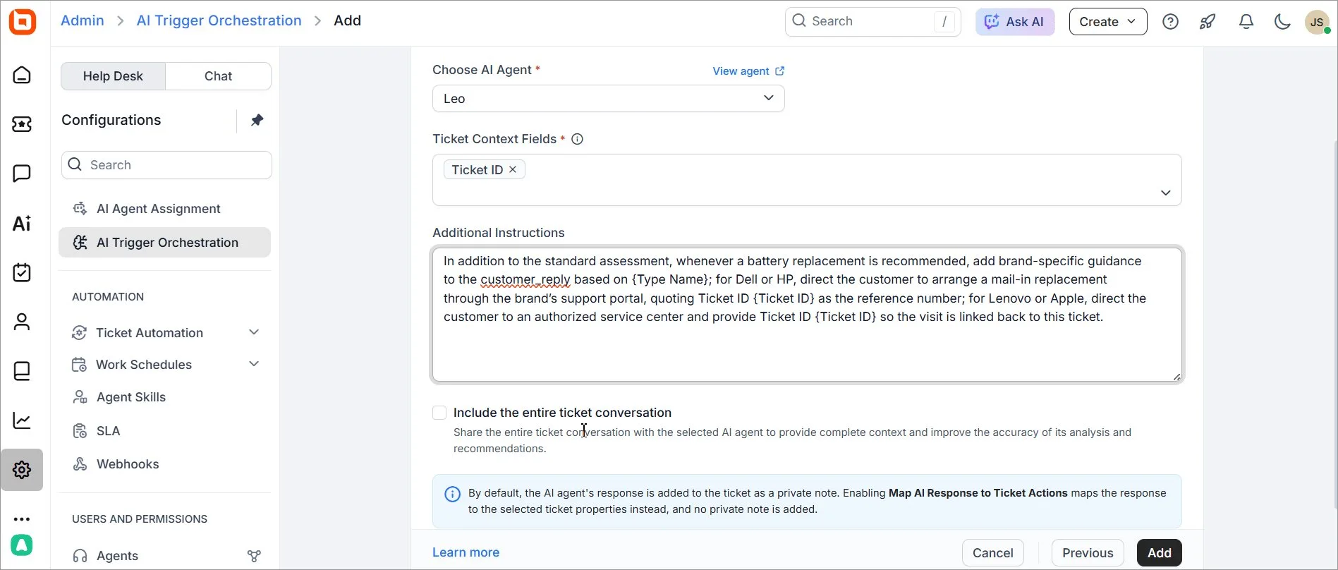 AI Trigger Orchestration settings showing AI Agent selection, ticket context, and instructions.