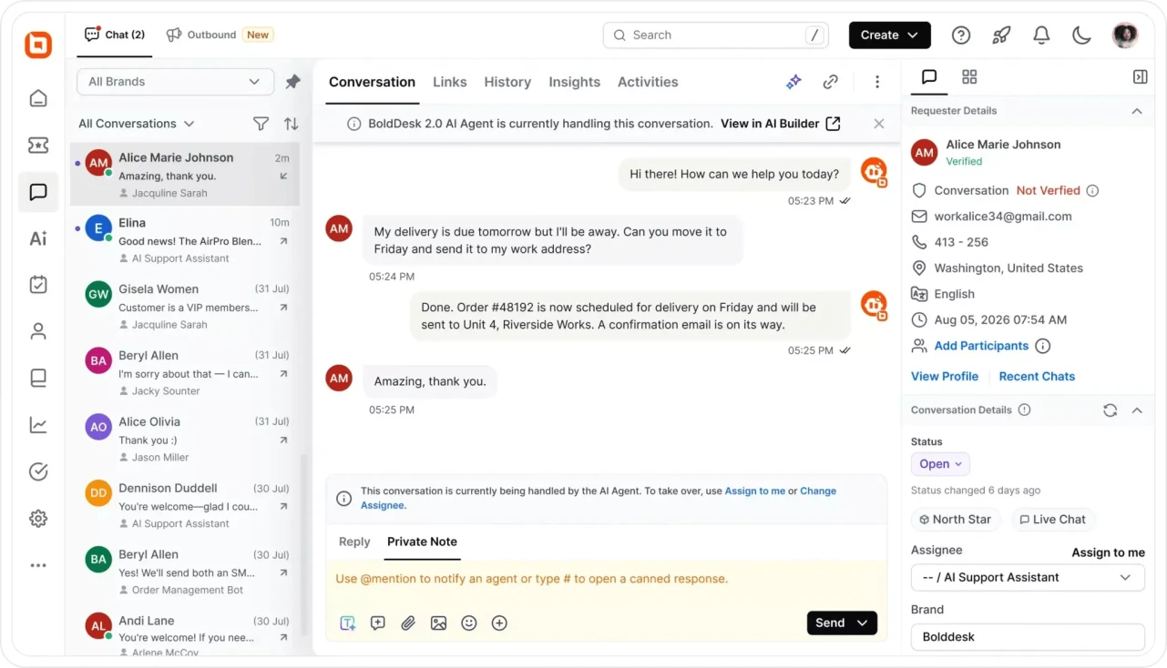 Level 4 AI agent managing customer support conversation with automated responses in a help desk dashboard