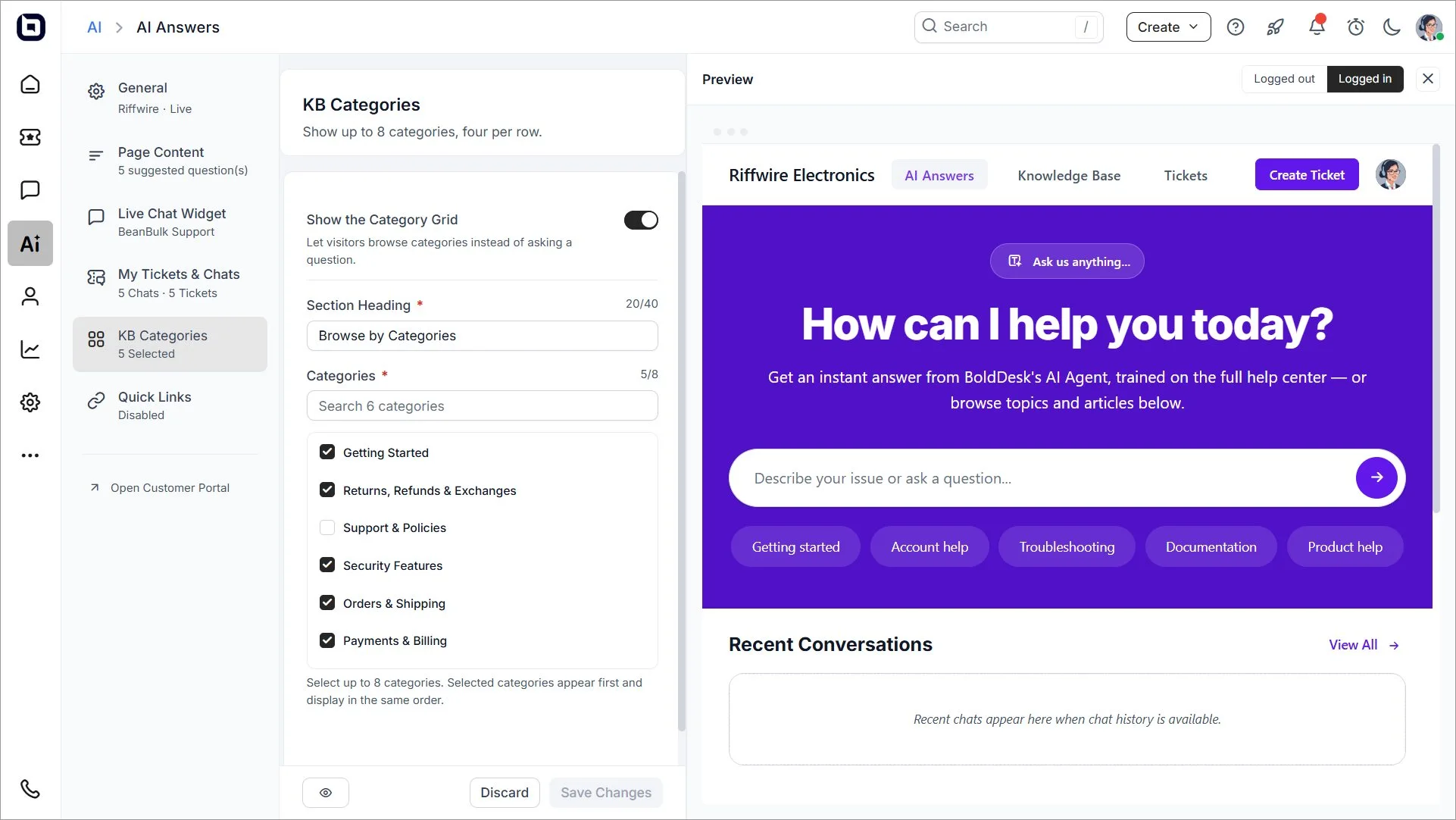 BoldDesk AI Answers settings showing KB categories and a preview of the customer portal page.