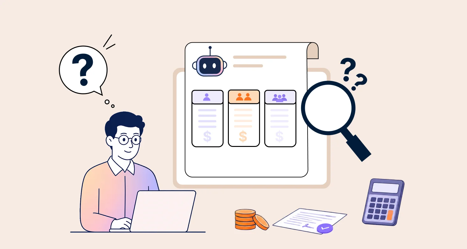 Person reviewing AI support vendor questions on pricing plans, contracts, and billing costs.