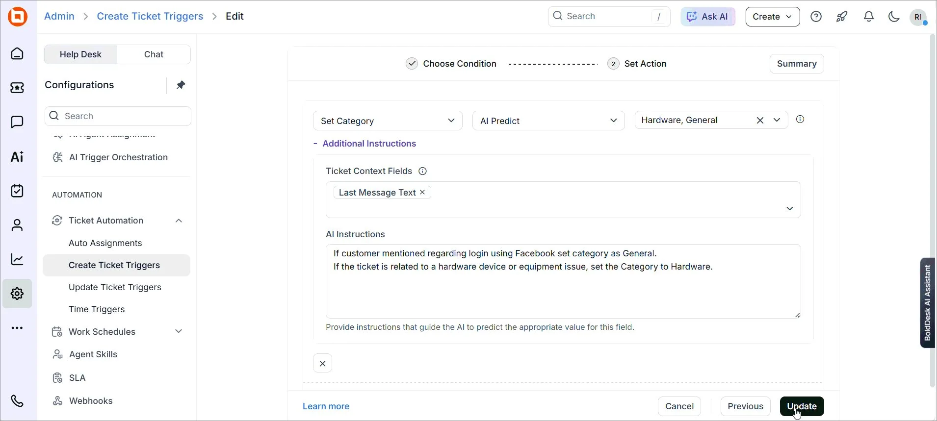 AI Field Prediction settings showing ticket context fields and additional AI instructions.