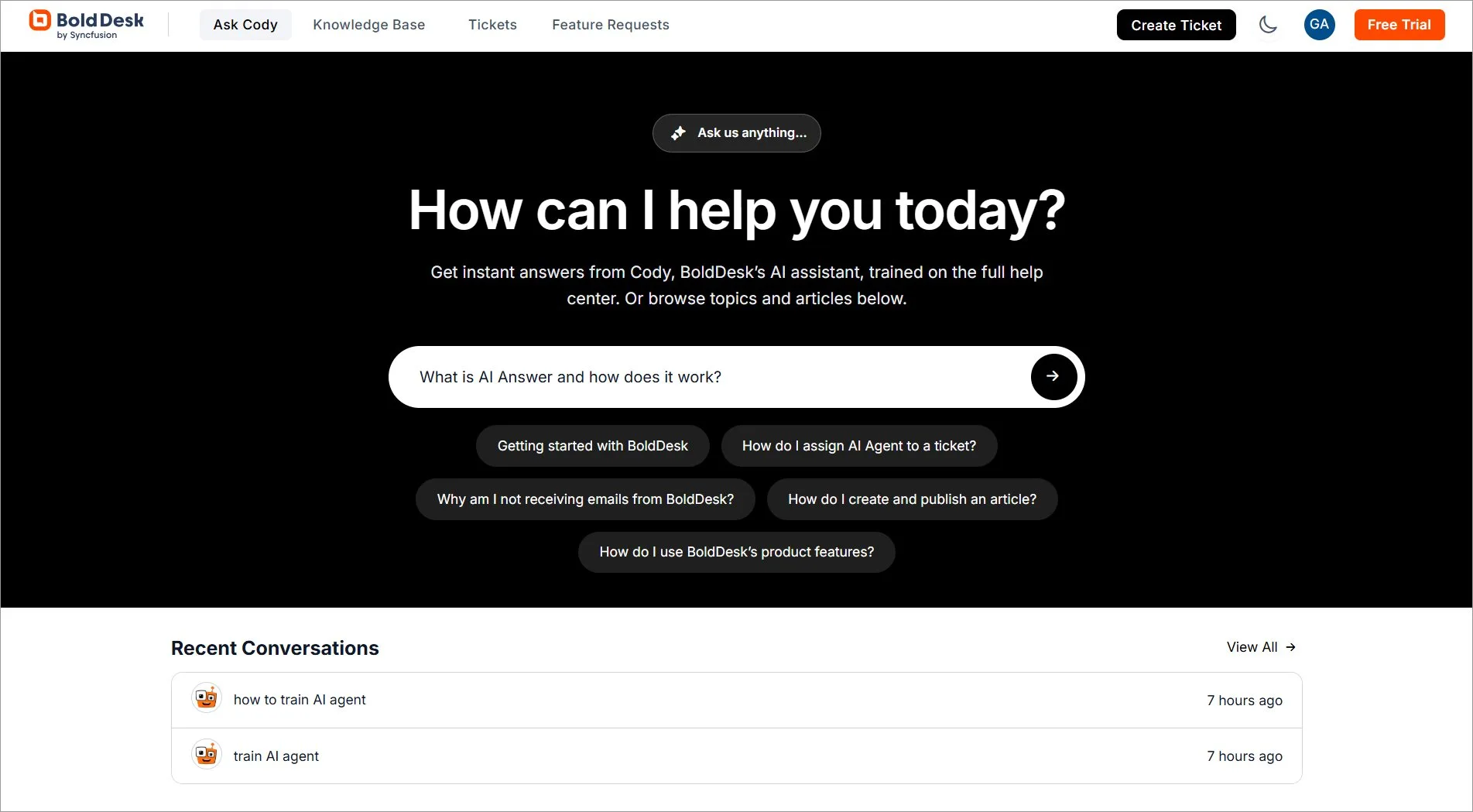 August 2026 release: BoldDesk customer portal showing the AI Answers ask box, suggested questions, and recent conversations.