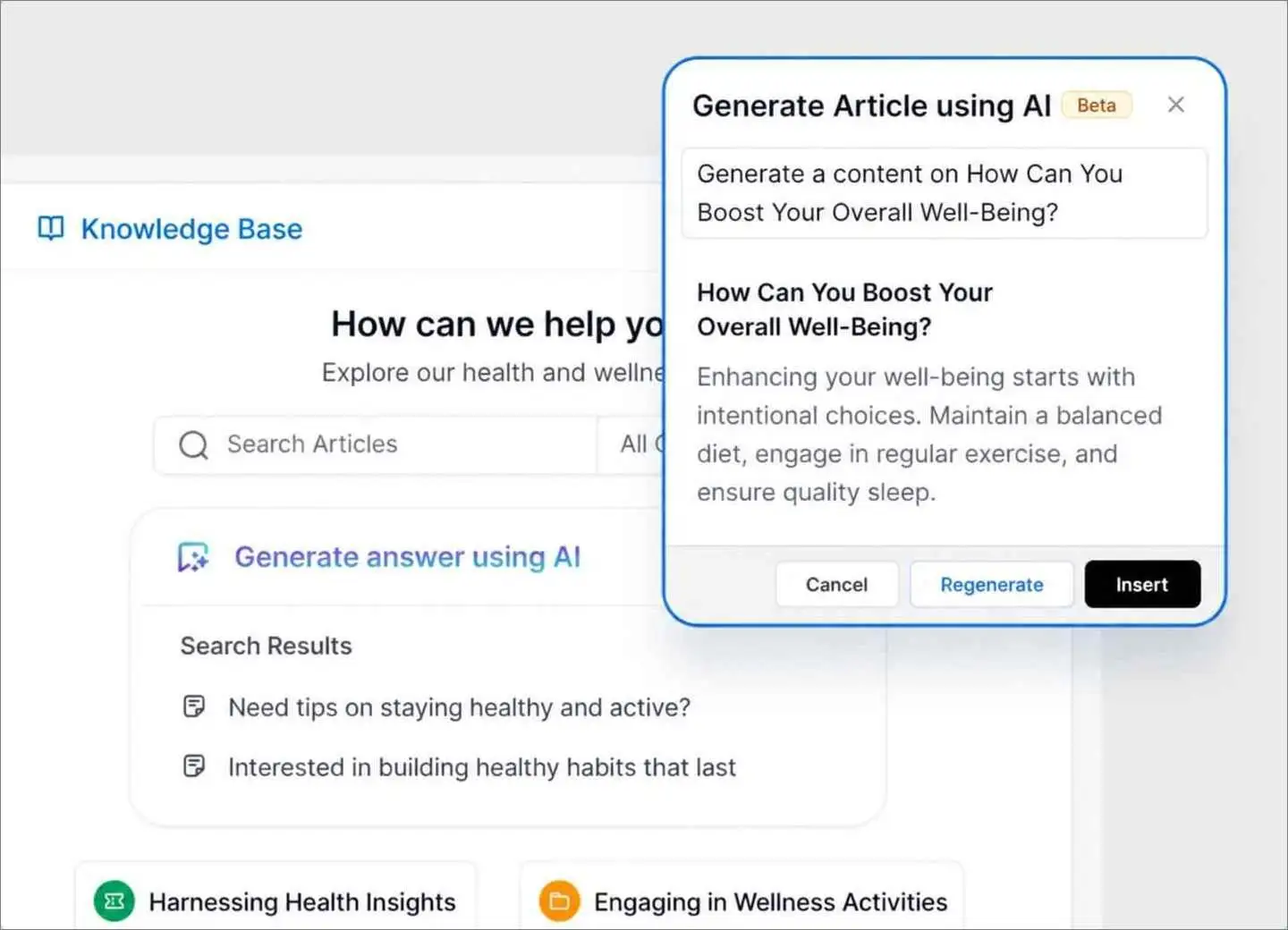 AI knowledge base showing healthcare content generation, article suggestions, and AI-assisted answer creation for customer self-service.