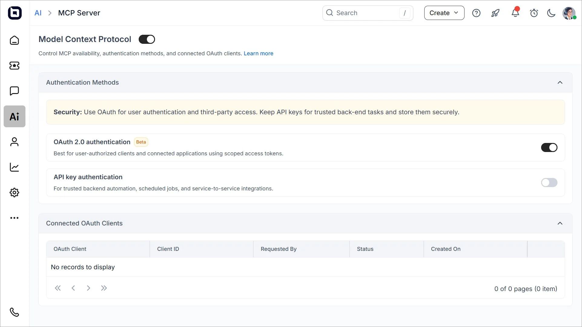 BoldDesk MCP Server settings showing OAuth 2.0, API key authentication, and connected OAuth clients.