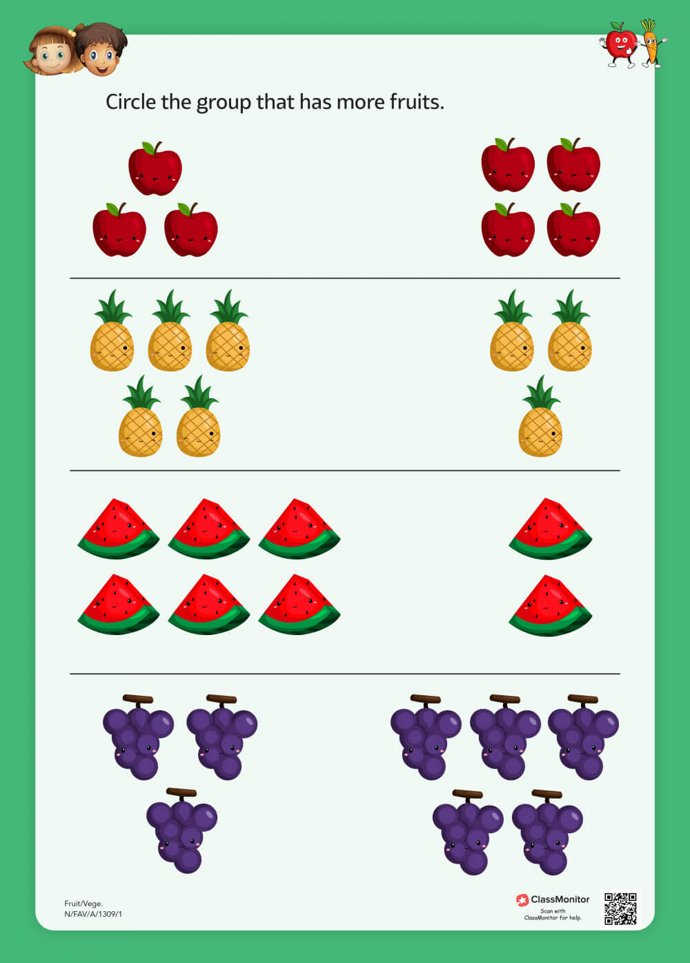 Worksheet - Circle the Group Which Has More Fruits