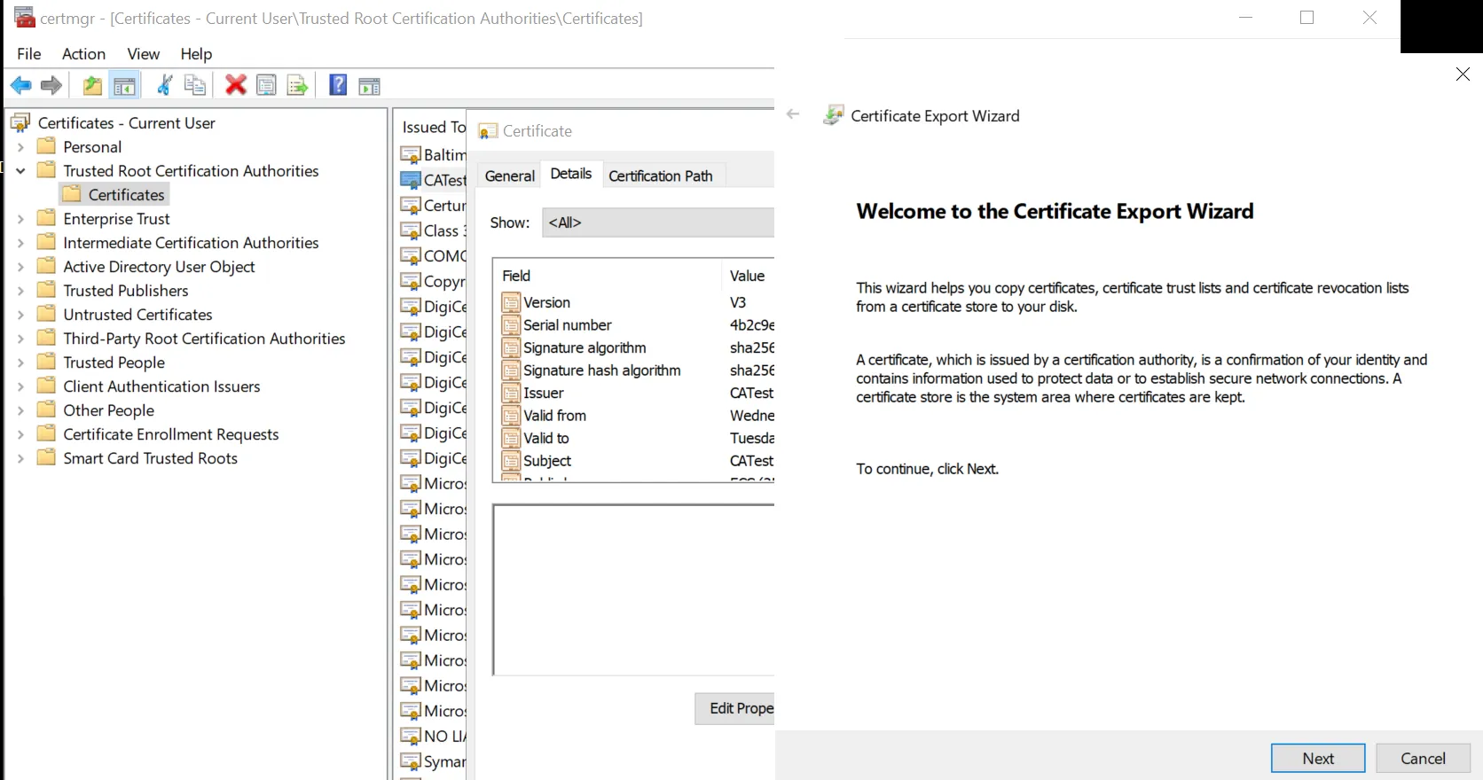 Root CA Certificate Export Wizard (Start)