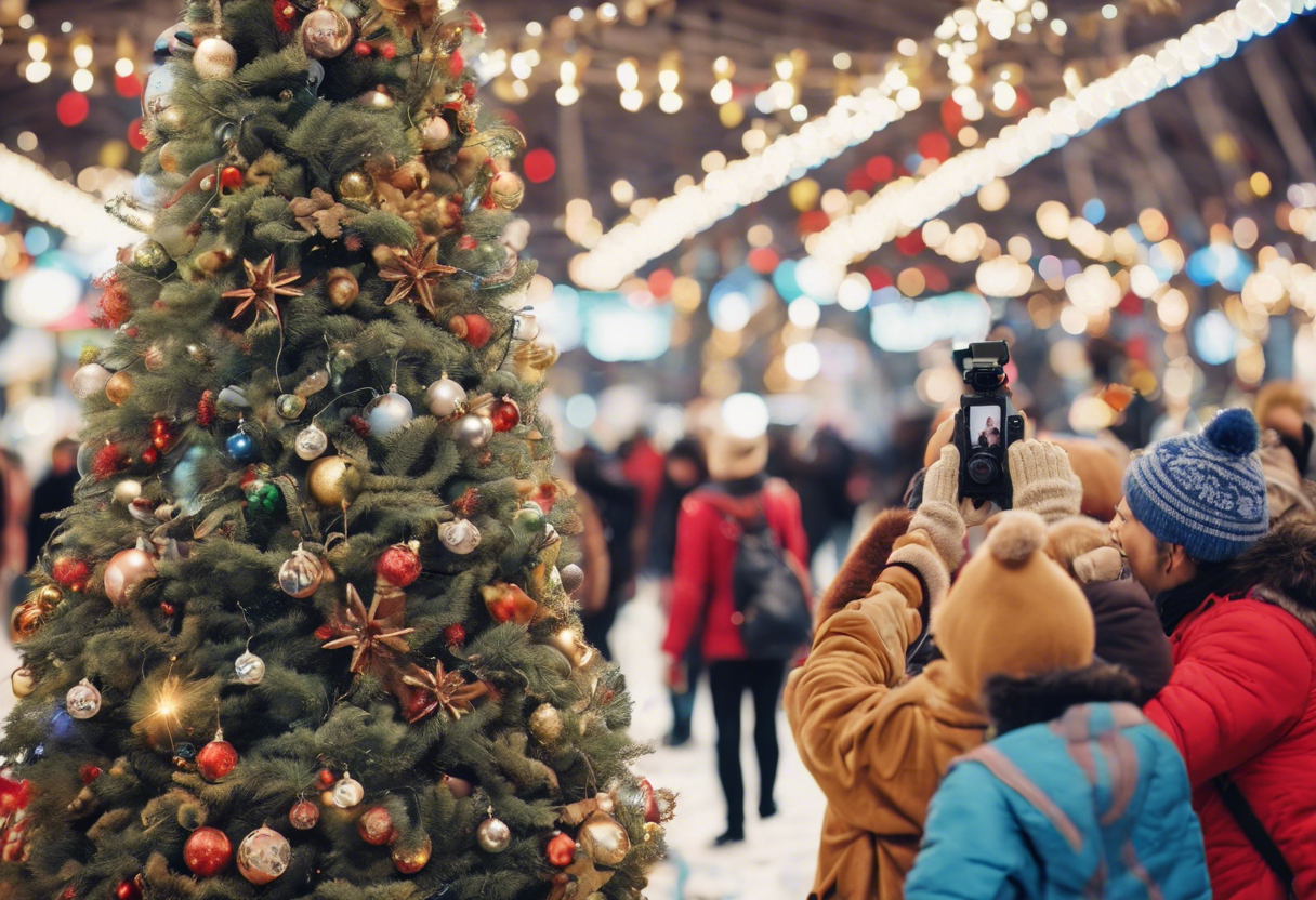 Prompt : Christmas festival, people taking pictures in front of the tree, photo, hyperdetailed/ Image by Stable Diffusion