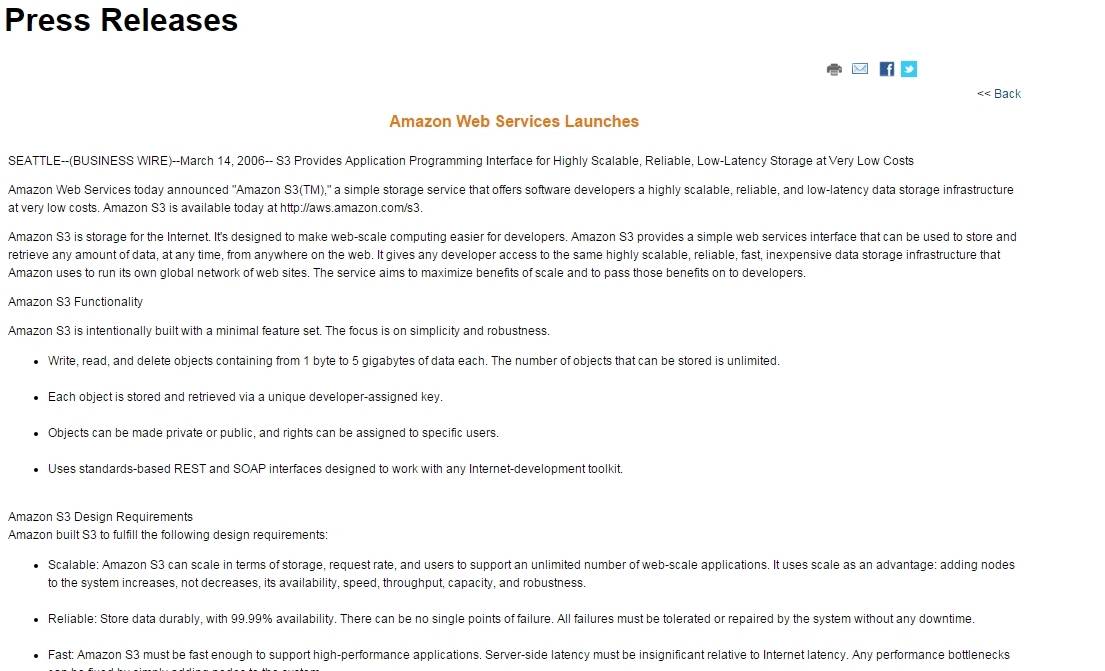 2006년 Amazon S3 출시 발표 보도자료 화면 캡쳐