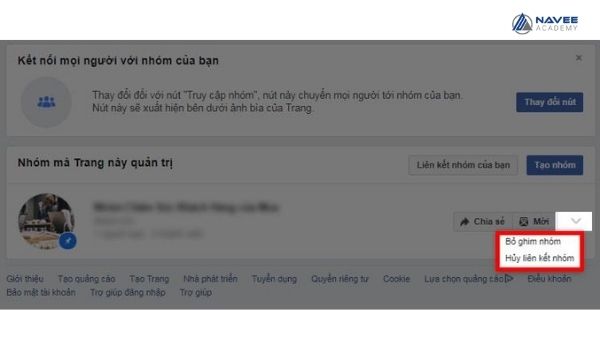 Ví dụ thao tác xóa liên kết nhóm với Fanpage