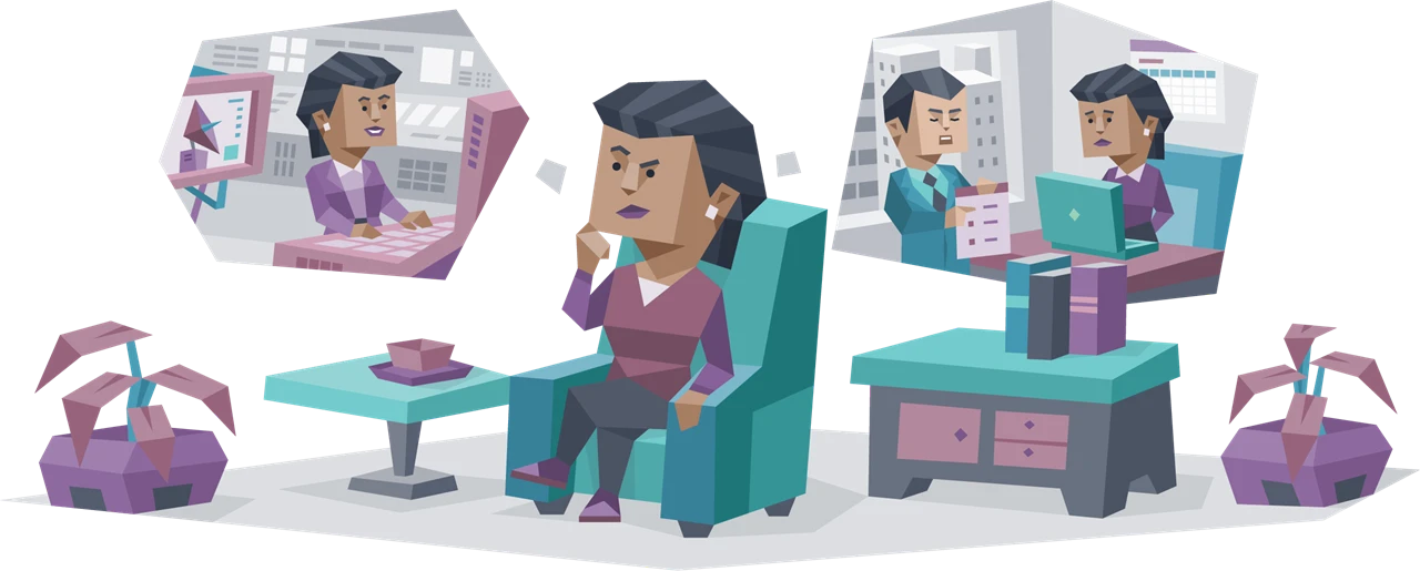 Illustration for 16personalities showing an INTJ personality type setting goals, seated thoughtfully in an armchair while visualizing different scenarios like analyzing data on a computer and reviewing plans with a colleague, highlighting the strategic and future-focused nature of INTJ personality types.